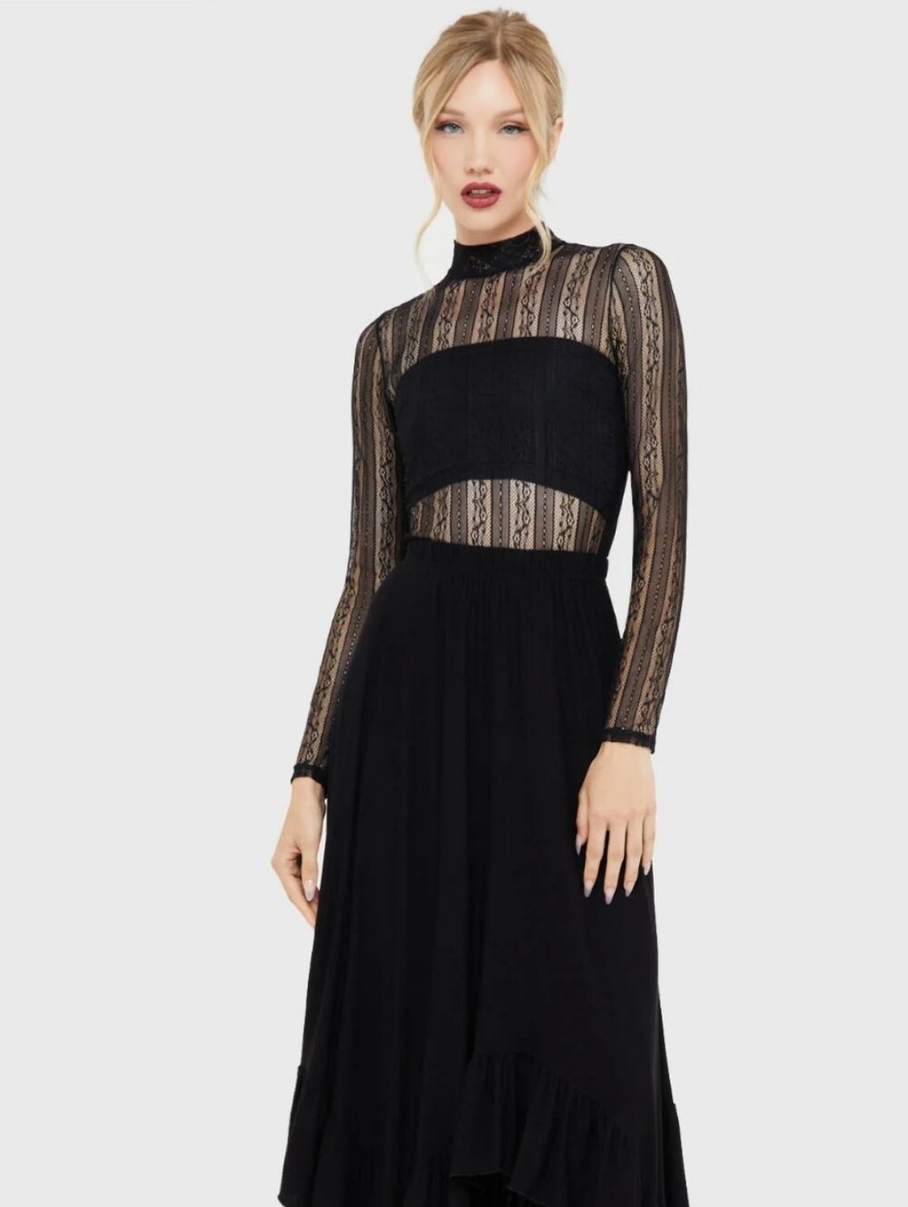 Killstar Black Lace High-Neck Long Sleeve Maxi Dress